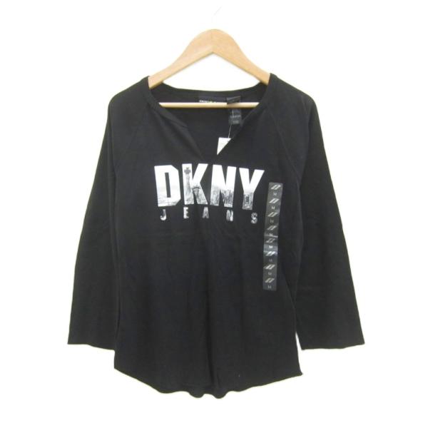 未使用品 ダナキャランニューヨーク DKNY JEANS カットソー M 黒 スリットネック ロゴプリント 七分袖 /SY16 ■ECA006 レディース