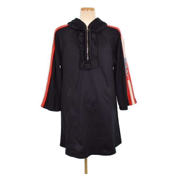 【中古】グッチ GUCCI 19年製 テクニカルライン ロゴテープ フリンジ ジャージ ワンピース ハーフジップ 502280 GUCCI（グッチ） GUCCI 19年製 テクニカルライン ロゴテープ フリンジ