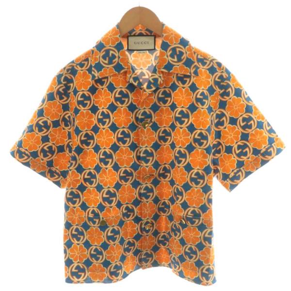 GUCCI（グッチ） アロハシャツ 半袖 総柄 花柄 コットン 46 オレンジ