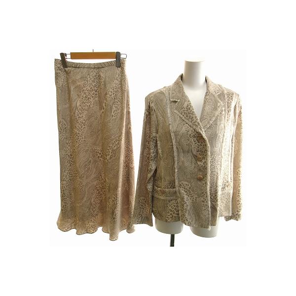 out ZON セットアップ スカート ロング シルク L レオパード柄 ペイズリー柄 ベージュ系 ■ECS /ZS レディース【表記サイズ】L【実寸サイズ】ジャケット 肩幅：約41cm　ジャケット 身幅：約48cm　ジャケット 袖丈：約5...