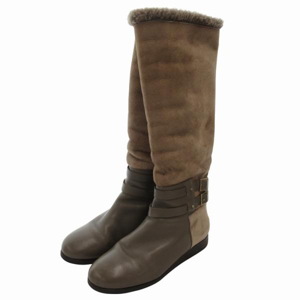 【中古】ジミーチュウ JIMMY CHOO ムートンブーツ ベルテッド ゴールドカラー金具 ロゴ ロング 37 茶 ブラウン ジミーチュウ JIMMY CHOO ムートンブーツ ベルテッド ゴールドカラー
