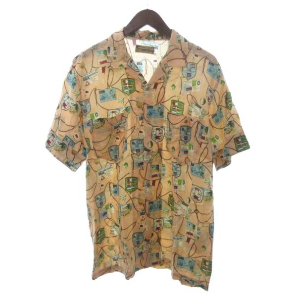 【中古】パパス Papas アロハシャツ オープンカラー 半袖 リネン 麻 車柄 総柄 M ベージュ /AH8 ■GY12 メンズ パパス Papas アロハシャツ 半袖 オープンカラー 開襟 リネン 総柄