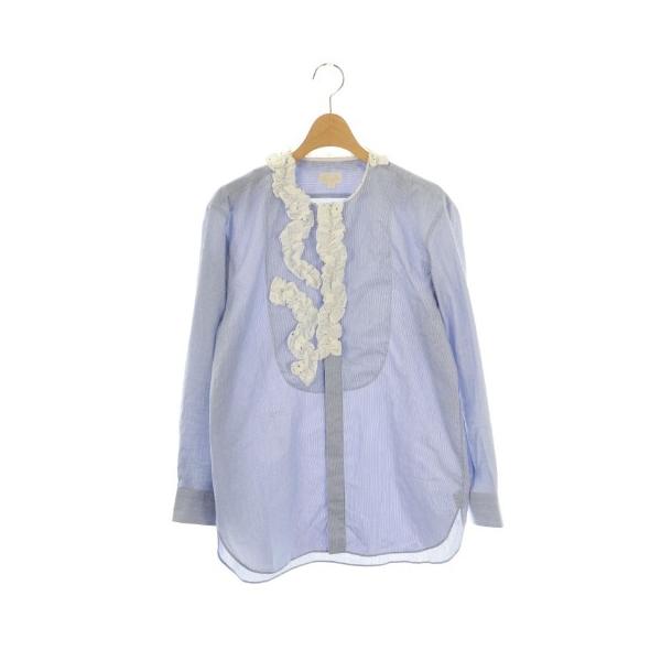 【中古】ドゥロワー Drawer コットンドビードットフリルシャツ ブラウス 長袖 前開き 36 青 ブルー 白 ホワイト vectorpremium_213-902509140046