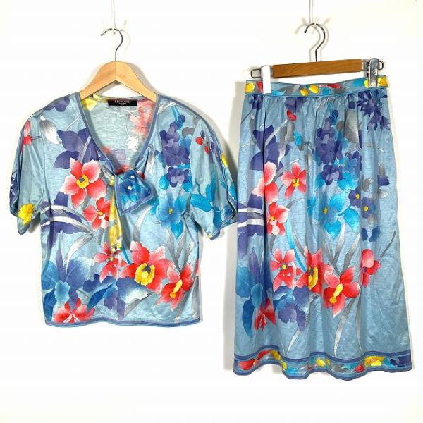 【中古】レオナール LEONARD セットアップ 花柄 ブラウス 半袖 スカート ひざ丈 青 ブルー レディース LEONARD レオナール セットアップ 花柄 ブラウス 半袖 スカート ひざ丈