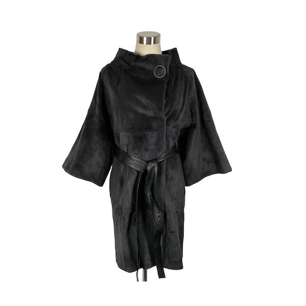 【中古】カールドノヒュー KARL DONOGHUE ラビットファーコート 毛皮 ウサギ レザーベルト チャコールグレー XS レディース カールドノヒュー KARL DONOGHUE ラビットファーコート 毛皮 ウサギ