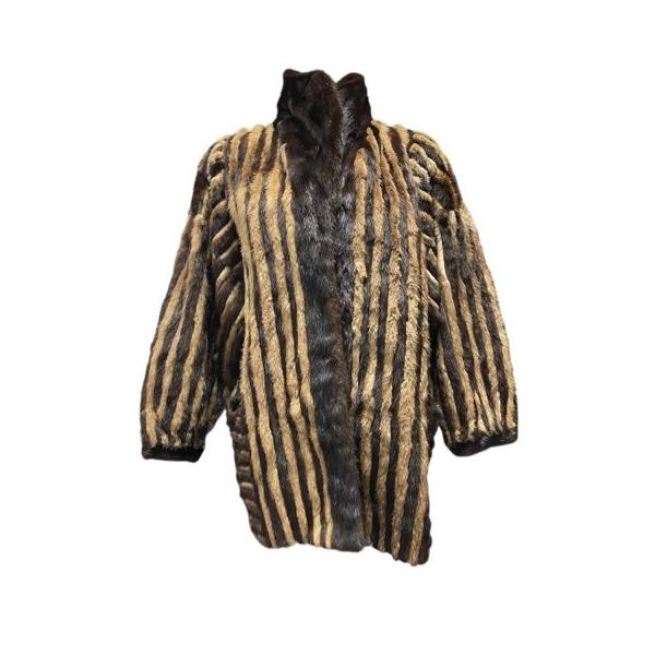ミンク MINK 毛皮 縞模様 ロングコート リアルファー ブラウン 13号 XL
