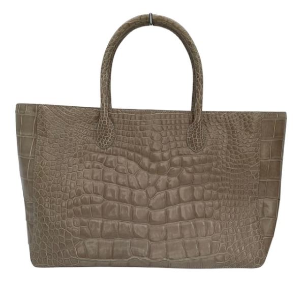 シャイニークロコダイル センター取り ワニ革 トートバッグ ハンドバッグ エキゾチックレザー ベージュ メンズ