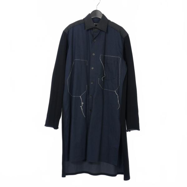 【中古】ワイスリー Y-3 ヨウジヤマモト 切替 ロングシャツ 長袖 ステッチ XS 黒 紺 ブラック ネイビー DP0567 メンズ ワイスリー Y-3 ヨウジヤマモト 切替 ロングシャツ 長袖 ステッチ XS