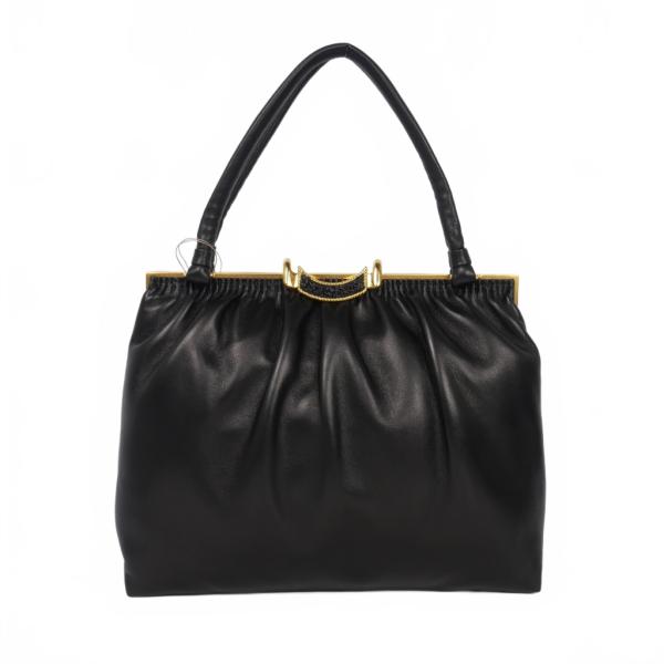 ハマノ HAMANO がま口 ハンドバッグ ラムレザー 黒 ブラック  