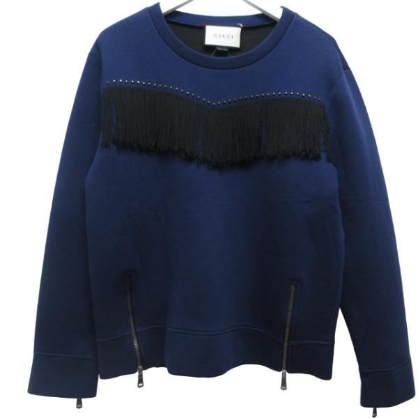 【中古】グッチ GUCCI スウェット 長袖 フリンジ ボンディングスタッズ フリンジトレーナー ネイビー系 Mサイズ相当 GUCCI（グッチ） スウェット 長袖 フリンジ ボンディングスタッズ