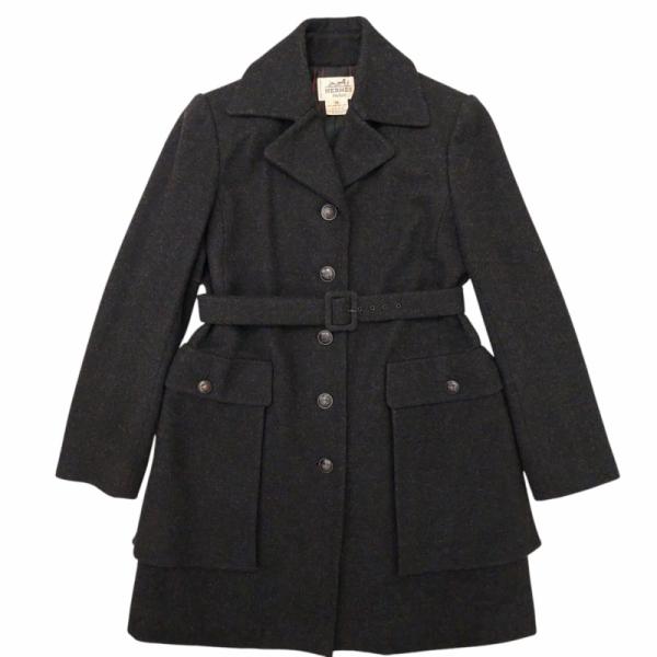 【中古】エルメス HERMES ヴィンテージ 90s ベルテッド ウールコート シングル ロゴボタン ロング 38 黒 ブラック /VU□ 0429 レディース HERMES（エルメス） 美品 ヴィンテージ 90s ベルテッド ウールコート