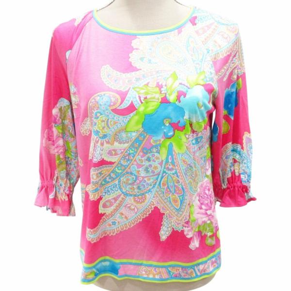 【美品】レオナール ピンク花柄 ヘンリーネックカットソー 水色 38 Mサイズ LEONARD（レオナール） LEONARD FASHION 美品 カットソー ブラウス 花