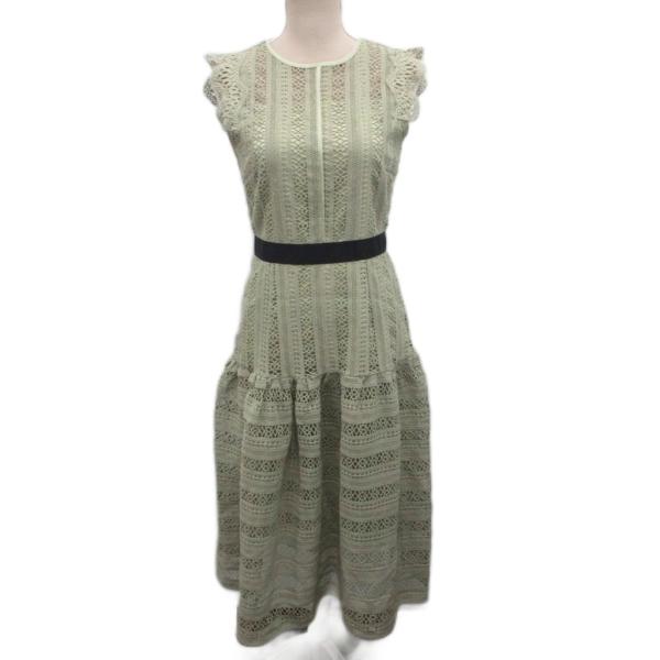 美品　セルフォード レース ロング ワンピース Aライン ライトグリーン　半袖 セルフォード CELFORD ストライプレース切り替えドレス ワンピース