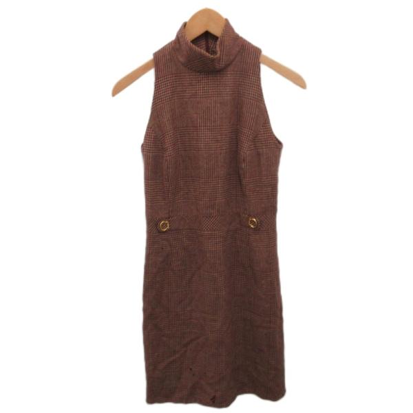 セリーヌ CELINE ワンピース ノースリーブ スタンドカラー ミモレ ロング ゴールド金具 千鳥格子 ライトブラウン 紫 パープル ■IBO90 レデ