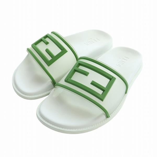 【中古】フェンディ FENDI スライドサンダル フラット ロゴ 6 25cm 白 ホワイト 緑 グリーン 7X1522 ■GY19 FENDI（フェンディ） スライドサンダル フラット ロゴ 6 25cm 白