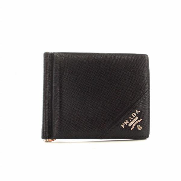 美品✨プラダ　マネークリップ　二つ折り財布　型押しロゴ　サフィアーノレザー　黒 美品】 PRADA レザー 二つ折り財布 マネークリップ 型押しロゴ