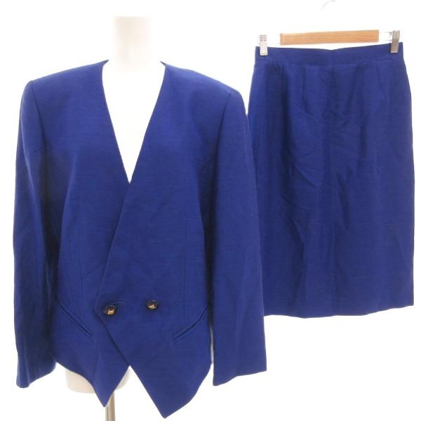 【中古】セリーヌ CELINE セットアップ フォーマル ジャケット ロゴボタン 背抜き ダブル スカート 40 XL 青 ブルー 春夏 /AE ■GY47 CELINE（セリーヌ） セットアップ フォーマル ジャケット ロゴボタン