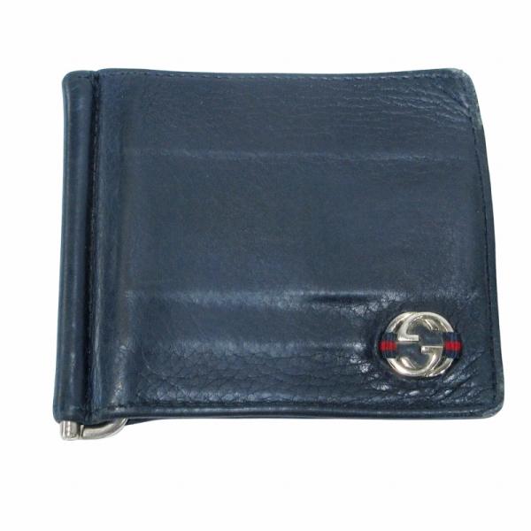 GUCCI ネイビー レザー マネークリップ GUCCI グッチ 二つ折り財布 マネークリップ インターロッキング
