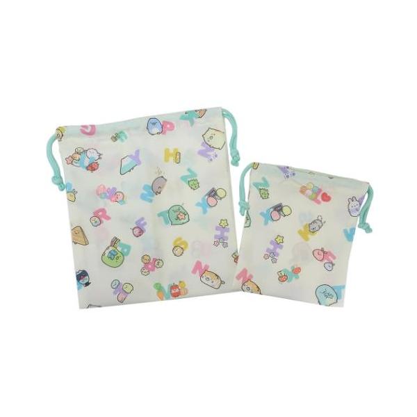 キッズサンエックスの大人気キャラクター[すみっこぐらし]の学童雑貨シリーズこちらは小物を入れたりしておくのに便利な[きんちゃく袋2枚セット]サイズ違いの2枚がセットになっていますプラコップ入れやコスメなどの小物入れなど何枚あっても困らない可...