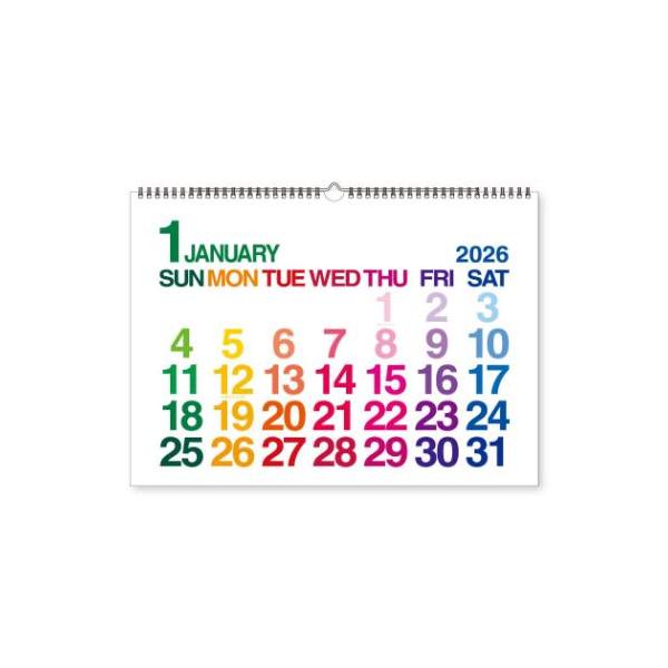 スケジュール おしゃれ カレンダー シンプル デザイン2026年1月-12月のカレンダー。曜日に沿って数字の色が変化するカラーグラデーションが特徴的なロングセラーデザイン。インテリアとしてもお楽しみいただけます。ダブルリングタイプで、壁にか...