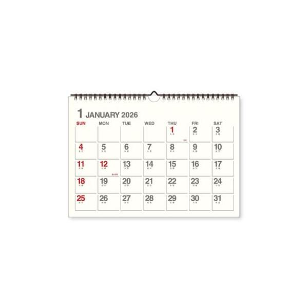 スケジュール おしゃれ カレンダー シンプル デザイン2026年1月-12月のカレンダー。書き込める壁掛けカレンダーです。風合いのあるアイボリーの紙に、グレーとレッドの2カラーでシンプルにデザイン。文字色：日曜 祝祭日-レッド、平日 土曜-...