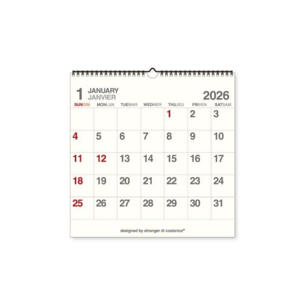 スケジュール おしゃれ カレンダー シンプル デザイン2026年1月-12月のカレンダー。スクエアの書き込みできるカレンダー。グレーとレッドの2カラーのシンプルなデザイン。文字色：日曜 祝祭日-レッド、平日 土曜-グレー。ダブルリング仕様で...