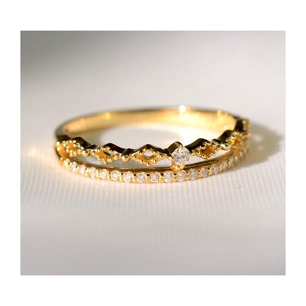 18金ふた粒ダイヤのリング K18 ダイヤモンド 天然石 2連 リング 18k 18金 二連 ミル打ち