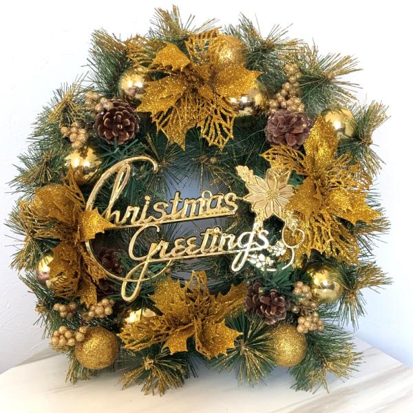 海外輸入 クリスマスリース ゴールド メリークリスマス 松ぼっくり