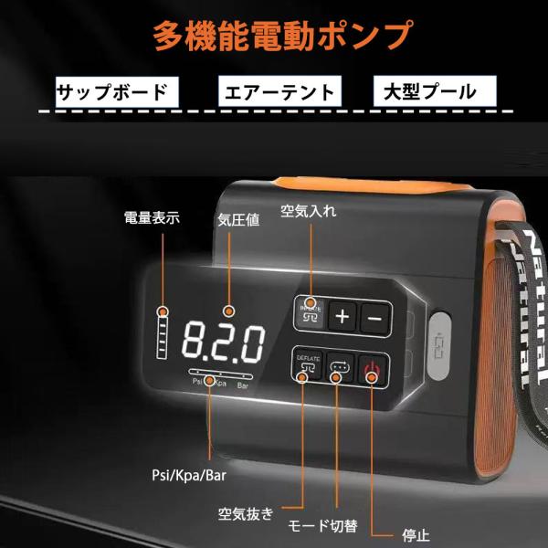 エアーテント用電動ポンプ 充電式SUPポンプ サップ 22PSI 電動