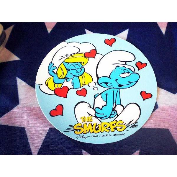 スマーフ＆スマーフェット ステッカー ラブラブ柄 004 直径約９センチの円形タイプ SMURF