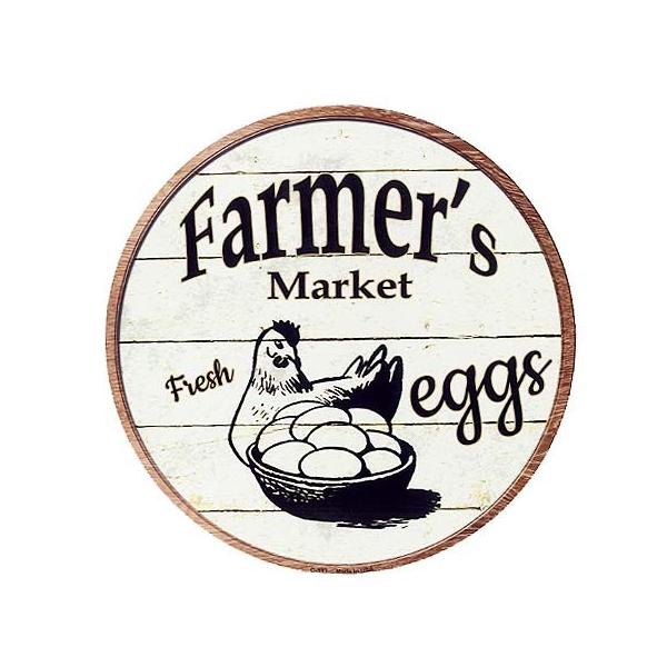 新鮮なタマゴ ニワトリ柄 FARMERS MARKET ラウンド 円形 アメリカンブリキ看板