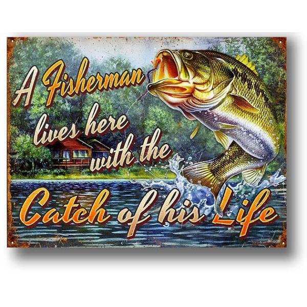 ブラックバス FISHERMANS CATCH レトロ調 アメリカンブリキ看板 メタルプレート