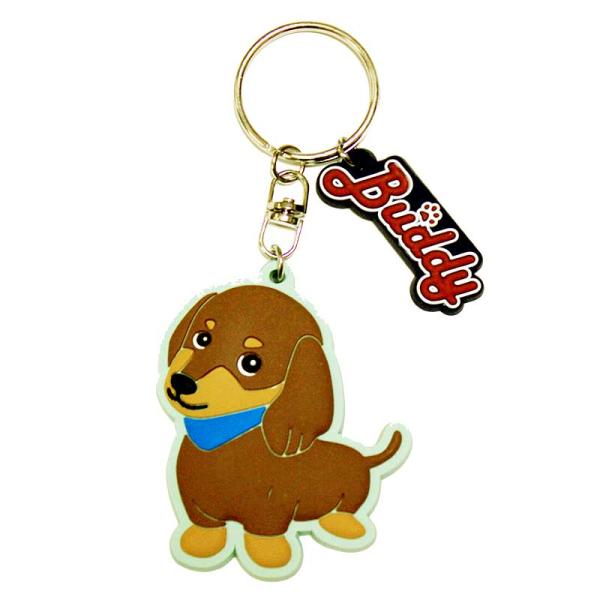 かわいいダックスフンドのキーホルダーです★この表情がとってもポップでかわいらしいですよね★小さいチャームの「Buddy（バディ）」は訳すと相棒って意味なのでこんなデザインのキーホルダーにはピッタリ！！★あなたもこんなキーホルダーで犬好きをア...