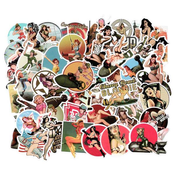 メール便送料無料！！１０００円ぽっきり♪たっぷり５０枚セット♪アメリカのピンナップガール柄のステッカーです。ミリタリー系が多めに入っています★色々なデザインがアメリカンで嬉しいです♪あなたもこんなステッカーで色々なものをデコしてみませんか！...