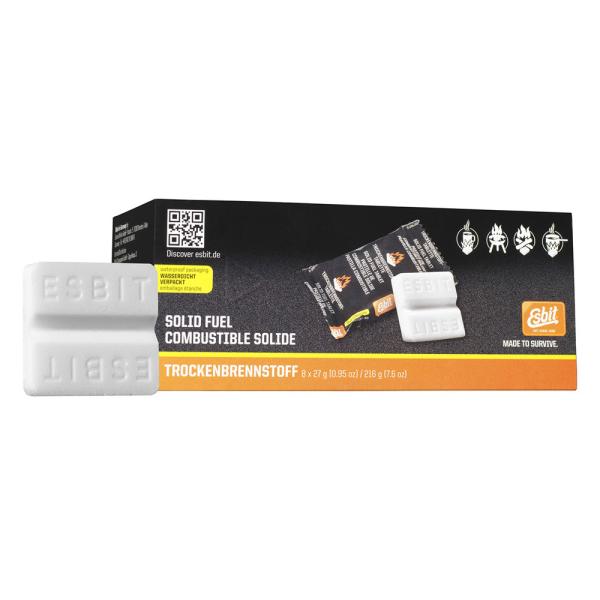 固形燃料27gはエスビットの固形燃料のなかで一番高出力（4g/28kcal 5g/35kcal 14g/98kcal 27g/189kcal）です。1タブレットで500mlの水を約5分で沸かすことが可能です。半分に割ると固形燃料ミリタリーと...