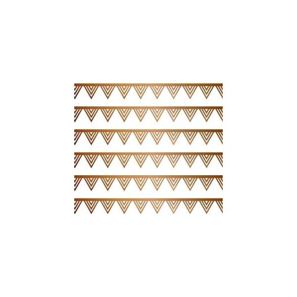 『商品情報』カラー：ブライトゴールド印刷範囲：縦4.5cm×横40cm推奨焼成温度：800度一枚に6本のラインが入っております。『商品紹介』ポーセリンアートに神秘的なアクセントを与えてくれる、トライアングル型のライン転写紙です。カラーはアン...