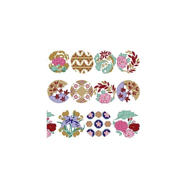 『商品情報』規格：A4印刷範囲：縦18cm×横26cm推奨焼成温度：800度大きさ：直径2.7cm〜4.5cm『商品紹介』花紋をモチーフにした和風転写紙です。3つの大きさの円の中に、梅、桜、牡丹、菖蒲あやめ、楓などの花々を描きました。まるで...
