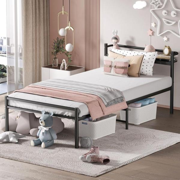 他サイト： PRTONE パイプベッド ベッドフレーム シングル 棚・コンセント付き 一人暮らし 狭い空間向け bed frame single ベッドの商品画像