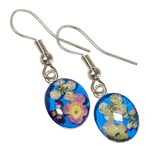 N.127 春♡ ドライフラワー くすみブルー チェコ アシメ イヤリング ドライフラワー SILVER 925 フックピアス メキシカンジュエリー 極小花