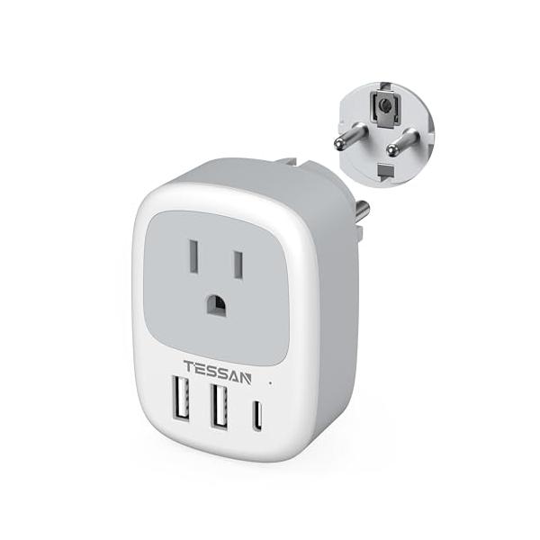 韓国 変換プラグ seタイプ TESSAN 海外 変換プラグ se コンセント 1個AC口 2USB-Aと1USB-Cポート 韓国 ドイツ フランス オランダ ハンガリー スペイ