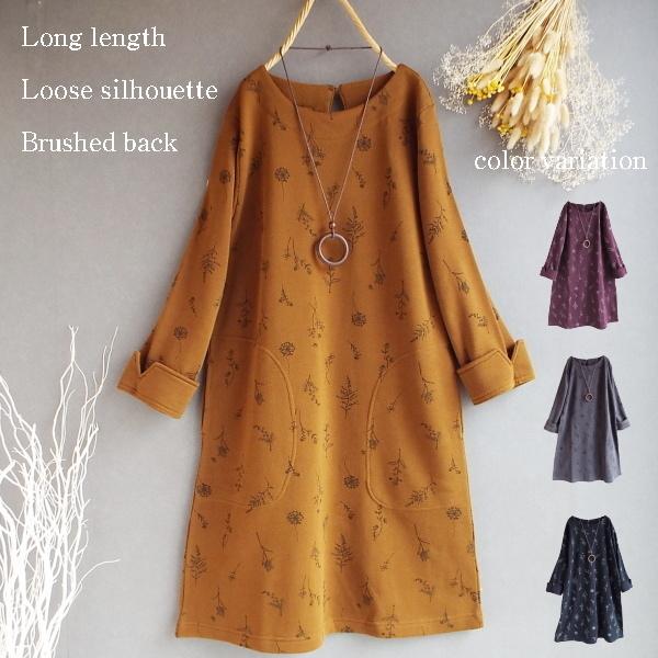 ワンピース 花柄 チュニック ａライン 秋 冬 ナチュラル 裏起毛 40代 50代 体型カバー S2611 S2611 Visage Souriant Fine 通販 Yahoo ショッピング
