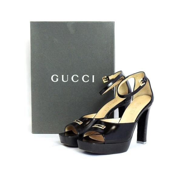 GUCCI グッチ オープントゥ アンクルストラップ ヒールサンダル レザー 