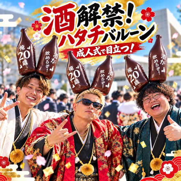 成人式 20歳 バルーン 酒解禁！ハタチバルーン 二十歳のつどい 成人祝い カチューシャ 男性 袴 スーツ 酒瓶風 ボトル 20歳誕生日 記念撮影 新成人 成人式グッズ