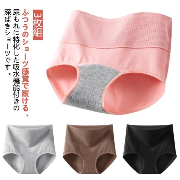 深ばき 50ml 深め 吸水ショーツ 消臭 軽失禁 パンツ 尿漏れ 3枚組 軽度失禁 尿漏れパンツ 失禁パンツ 3枚組 ショーツ 抗菌 綿 ちょい漏れ