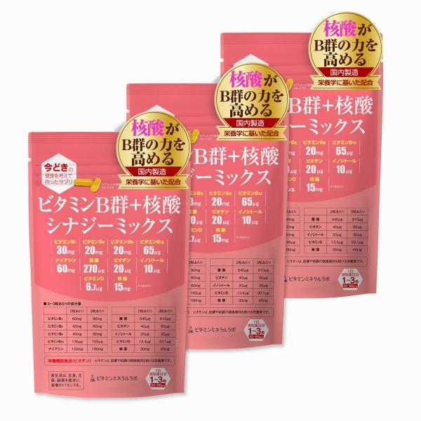 ビタミンB群+核酸 シナジーミックス【90粒入】3袋「ナイアシン」「核酸」強化配合/B1,B2,B6,B12/栄養のプロがプロデュース・おすすめのサプリ