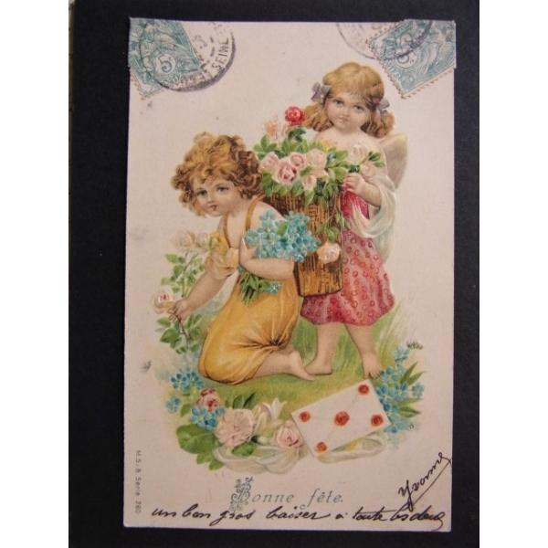アンティークポストカード、フランス 花摘みの少女と天使