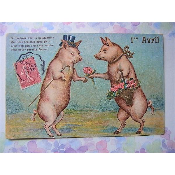 アンティークポストカード フランス 1907年 紳士淑女 豚のカップル