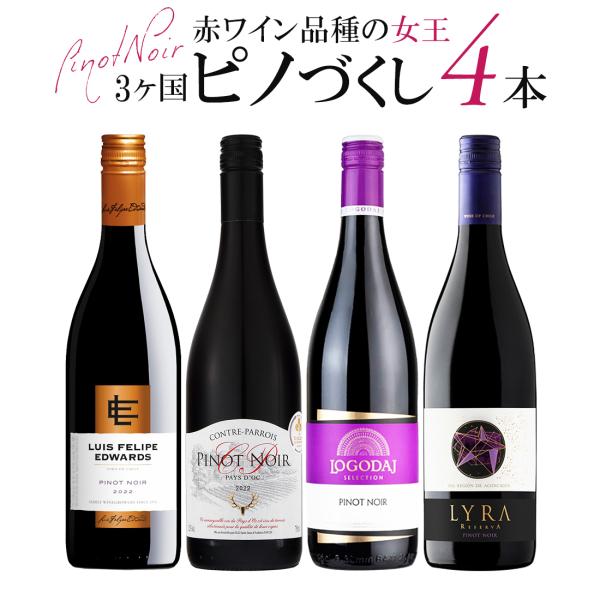 単一品種のワインを味わおう ピノ・ノワール 飲み比べ 赤ワイン 4本セット【容量：750ml】●ロゴダジ ピノ・ノワール(赤：ミディアム・辛口)●コントル パロワ ピノノワール(赤：ミディアム・辛口)●リラ レゼルバ ピノ・ノワール(赤：辛...