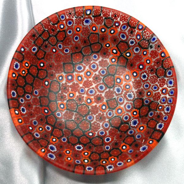 ベネチアングラス　皿　（中）　ミルフィオーリ　（赤透明マルチ）　イタリア製　モレッティ社
