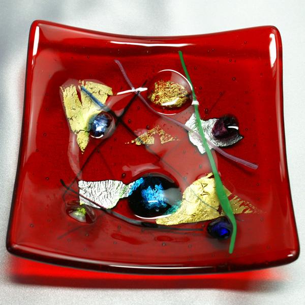 モザイコ皿　イタリア製雑貨　ベネチアングラス　ミルフィオーリ皿・プレート　角大　赤